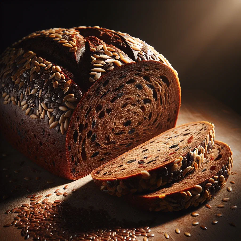 Sliced wholemeal seeded bread on a wooden board