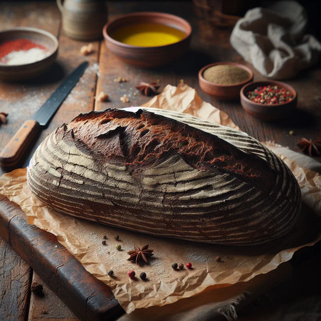 Rustic loaf of Polish rye sourdough bread with a dark, crackled crust
