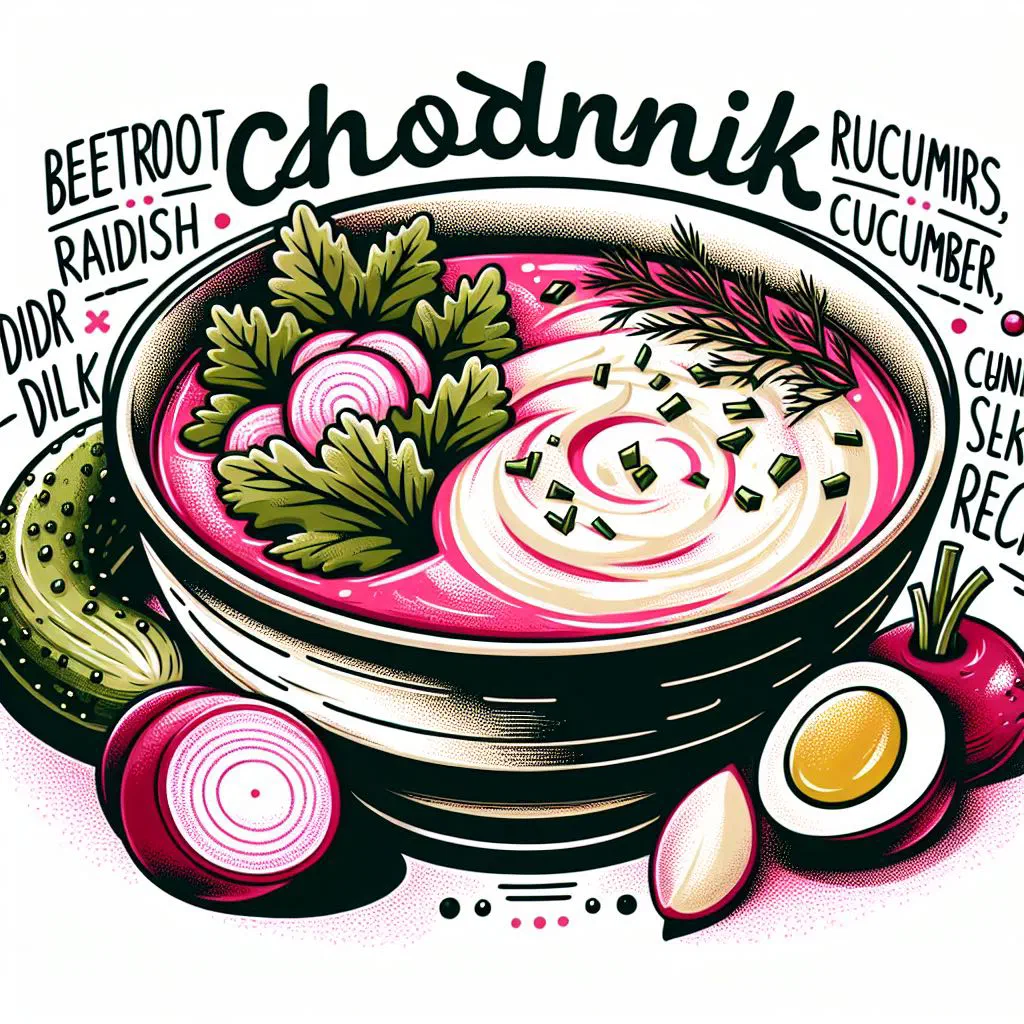 Bowl of bright pink chłodnik cold beetroot soup topped with dill
