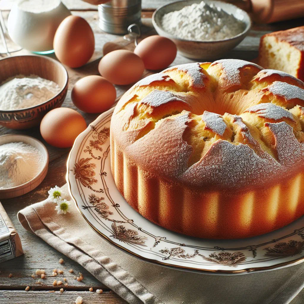 Golden Polish yeast cake, sliced and dusted with icing sugar