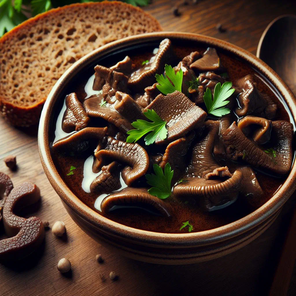 A rustic bowl of flaki wołowe tripe soup garnished with fresh parsley