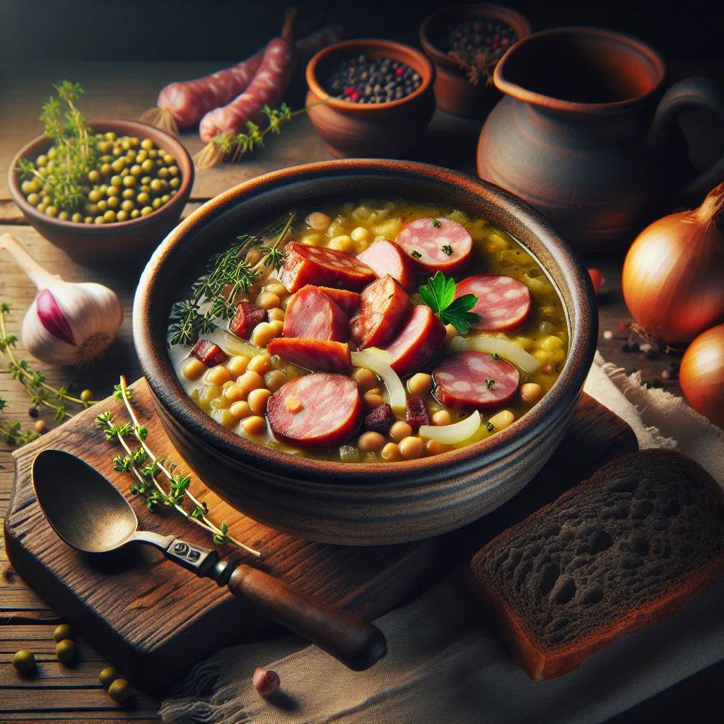 A bowl of Polish grochówka pea soup topped with fresh parsley