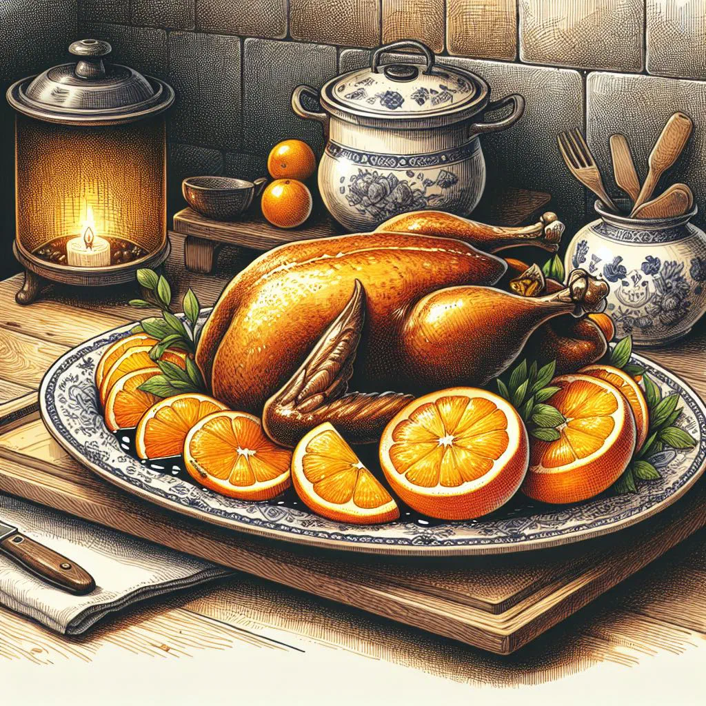 Sliced duck breast served with a glossy orange sauce and fresh thyme