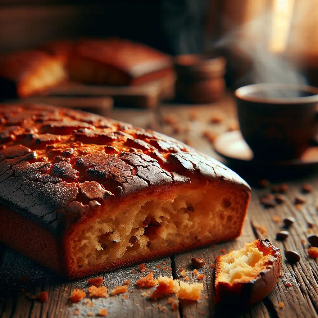 Sliced Polish keks loaf cake dusted with icing sugar