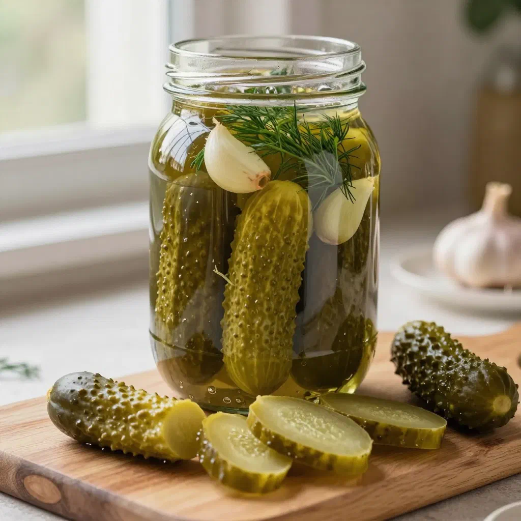 Jar of Polish fermented dill cucumbers with garlic and dill