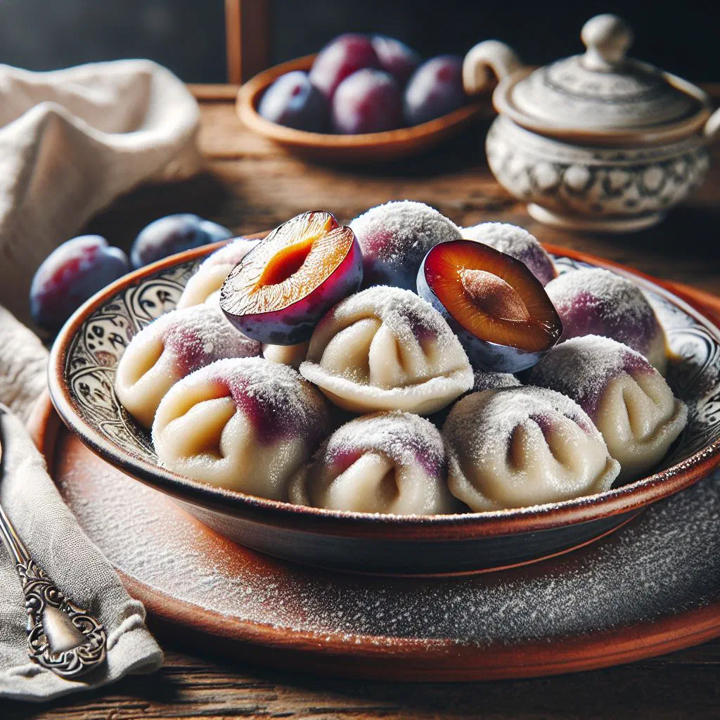 Polish plum dumplings dusted with cinnamon sugar