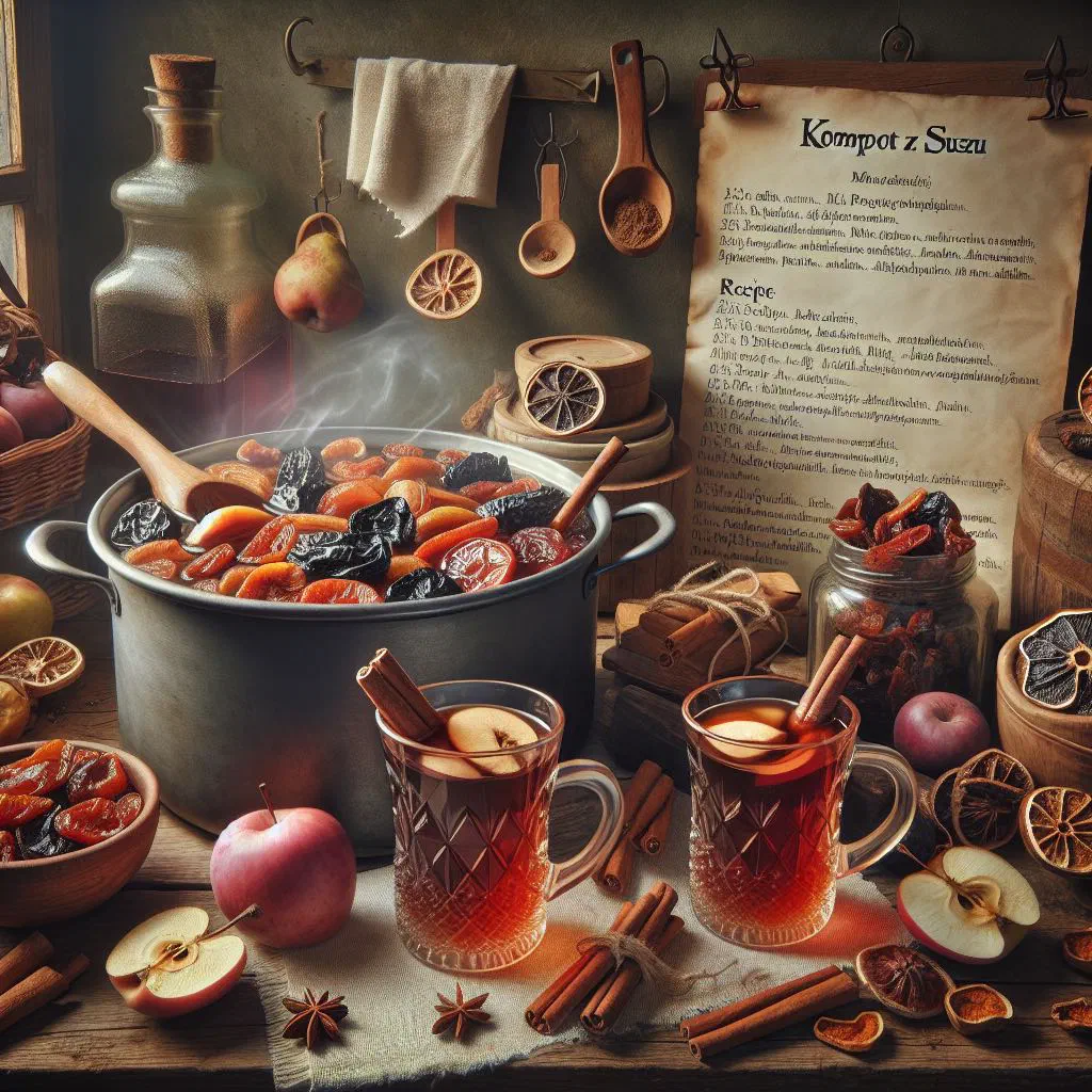 A glass of amber Polish dried fruit compote with cinnamon
