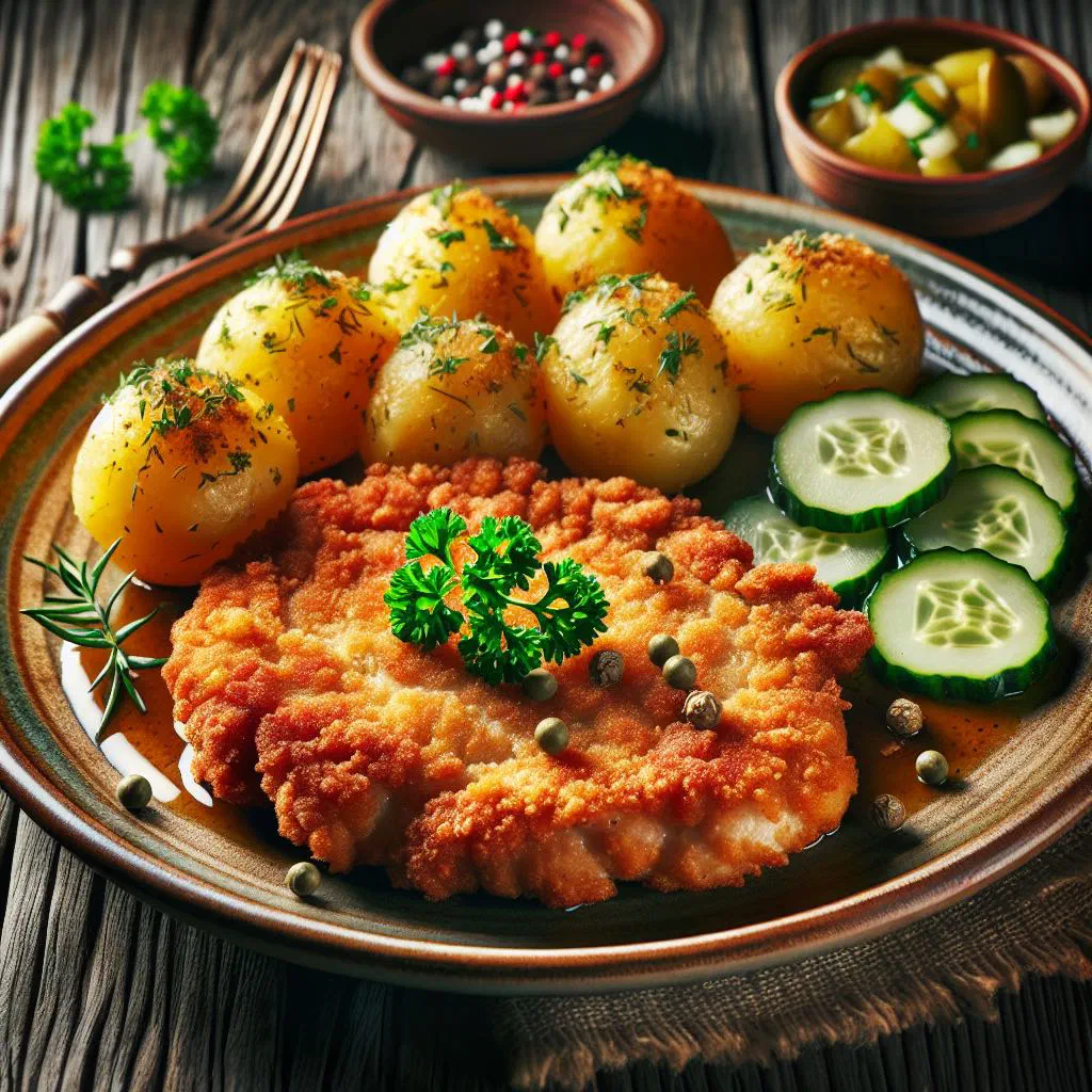 Golden breaded pork cutlet served with boiled potatoes and red cabbage