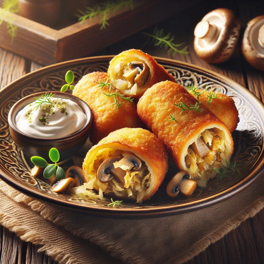 Golden fried krokiety filled with sauerkraut and mushrooms on a plate