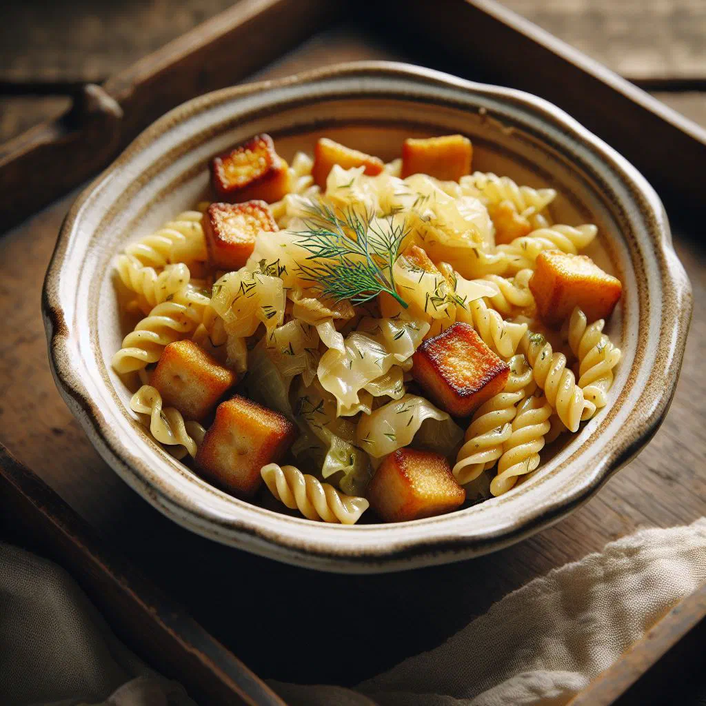Bowl of Polish łazanki noodles tossed with braised sauerkraut and onions