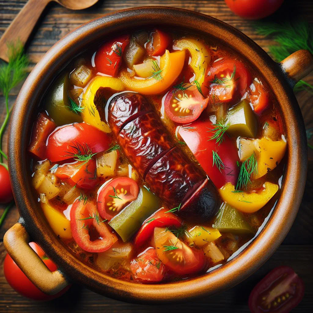 Bowl of Polish leczo stew with sausage, peppers and tomatoes
