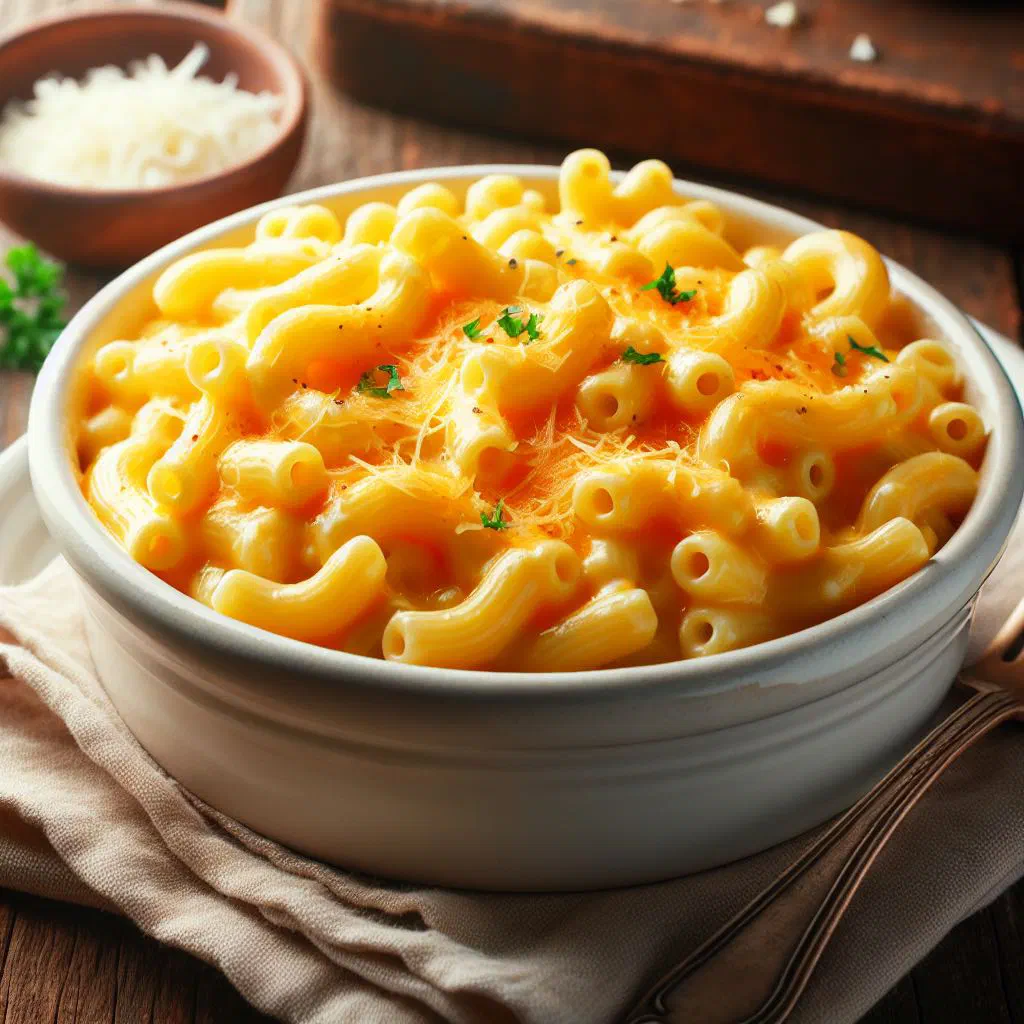 A bowl of pasta coated in melted cheese, topped with fresh parsley