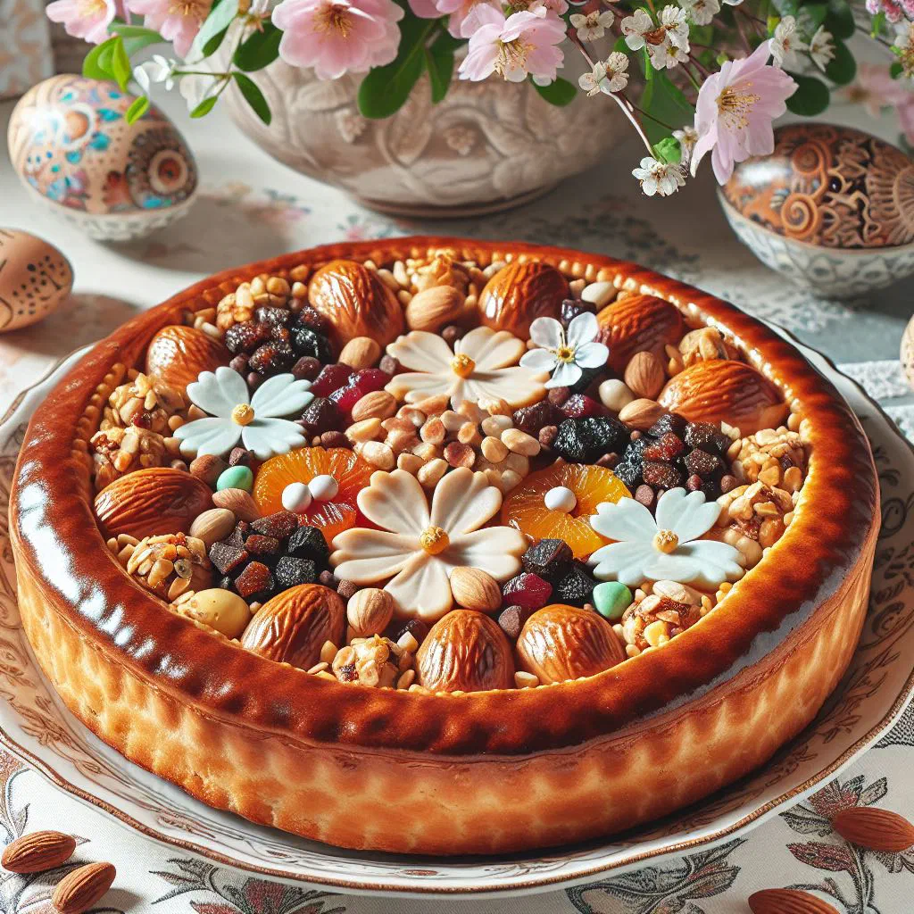 Polish mazurek Easter cake with jam, nuts and chocolate topping