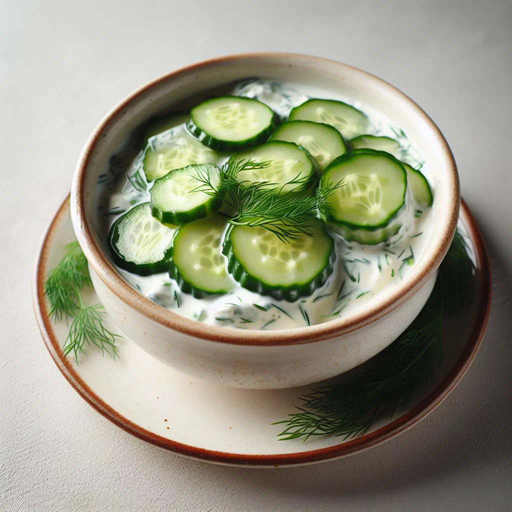 Creamy Polish cucumber salad topped with fresh dill