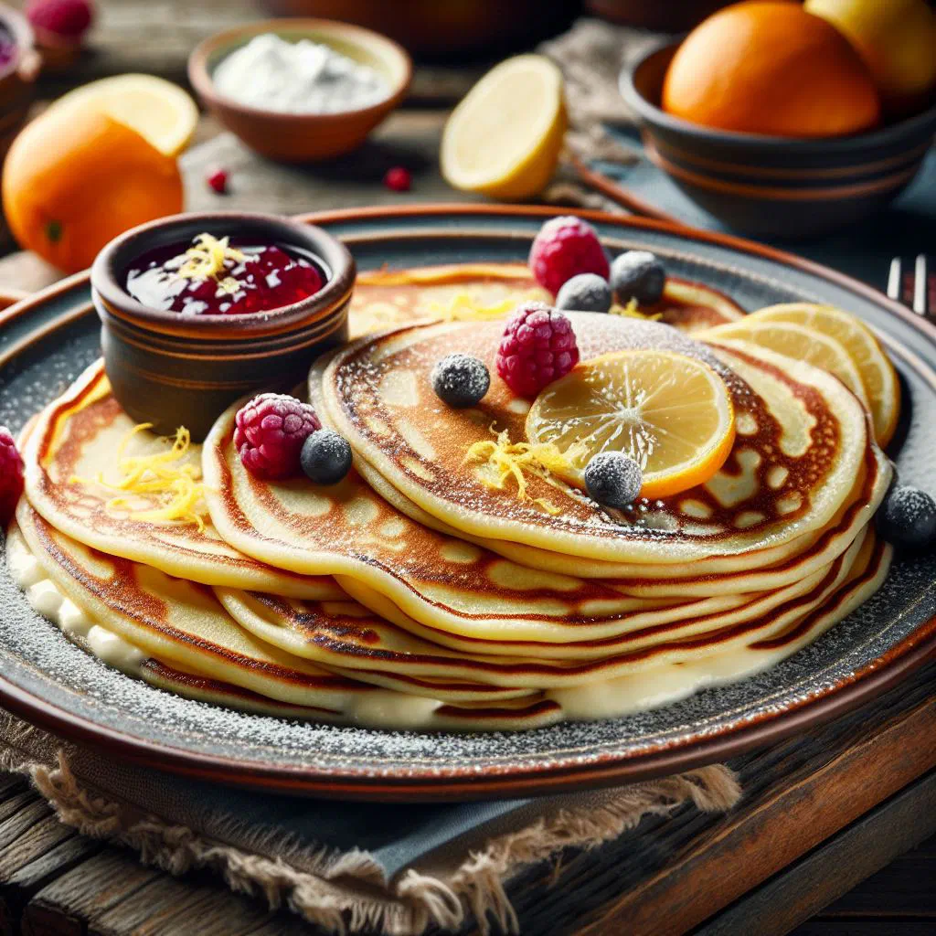 Rolled Polish pancakes filled with sweet cheese, dusted with icing sugar