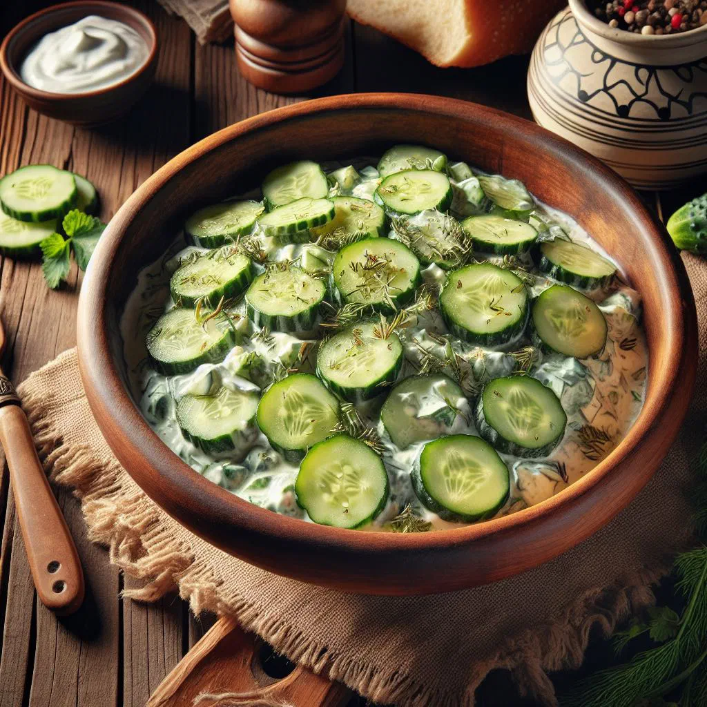 Creamy Polish cucumber salad with fresh dill in a bowl