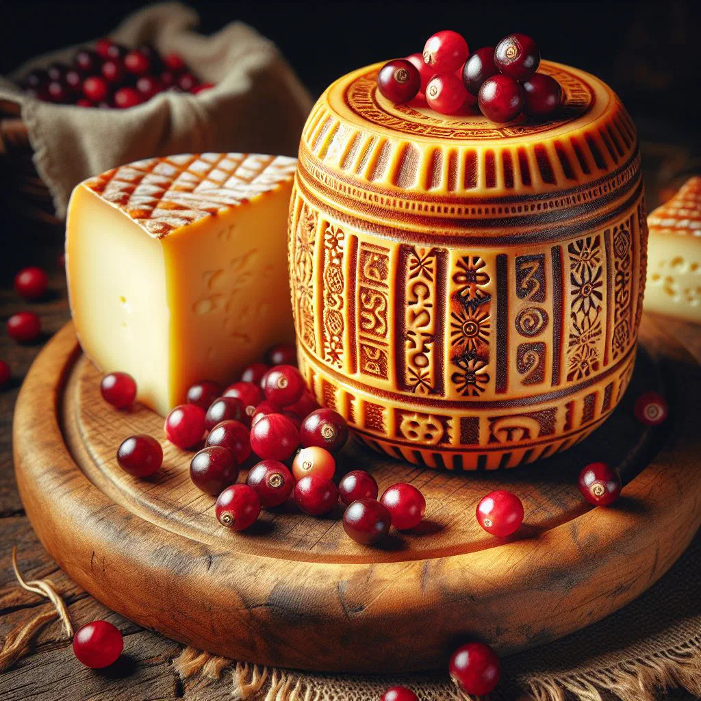 Slices of smoked oscypek cheese served with cranberries and fresh bread