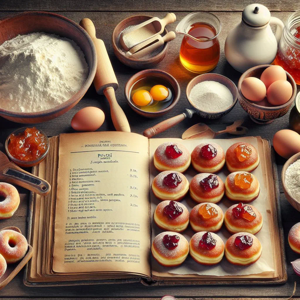 Golden Polish pączki dusted with icing sugar and filled with jam