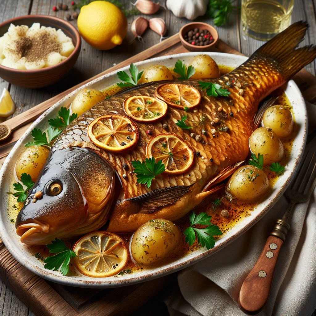 Crispy pan-fried carp garnished with lemon slices and fresh herbs