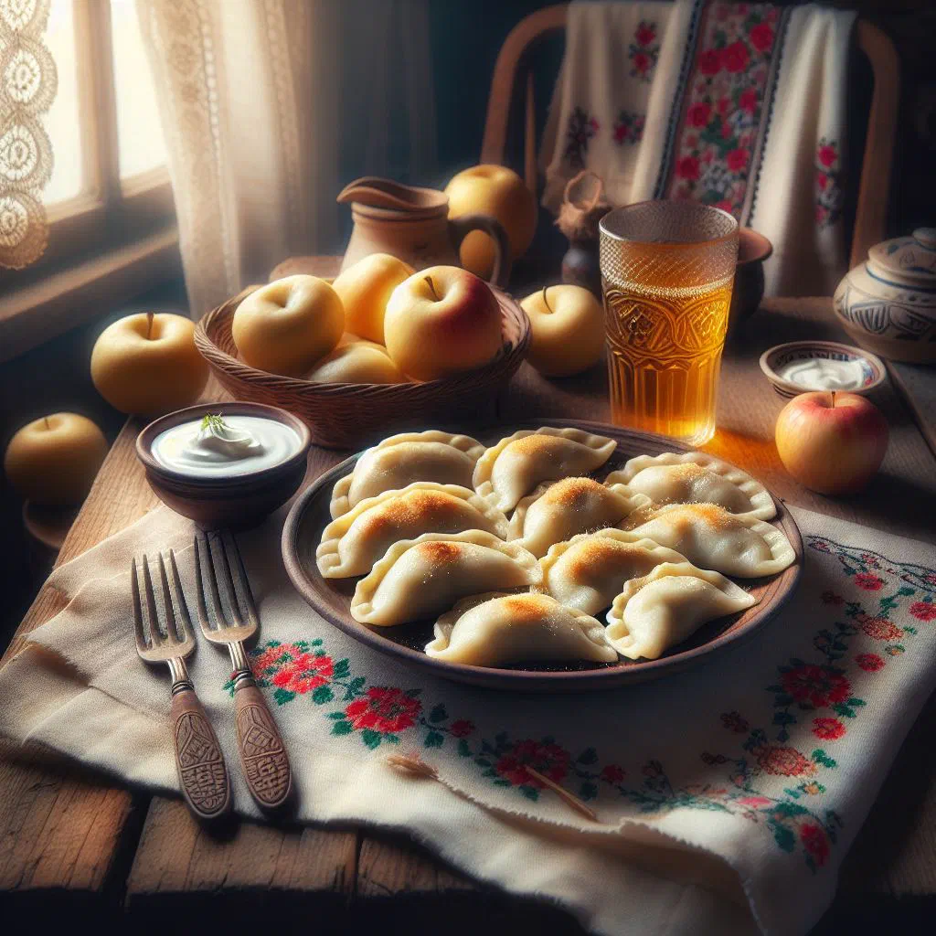 Golden pan-fried pierogi leniwe dusted with flour on a plate