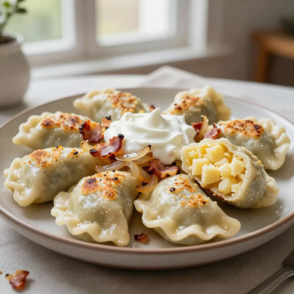 Golden boiled pierogi dumplings served with fried onions