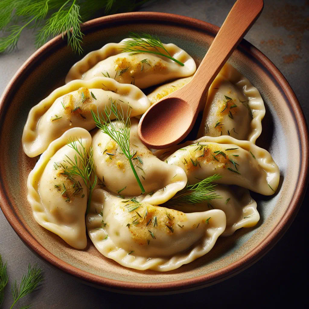 Pierogi ruskie topped with golden fried onions on a plate