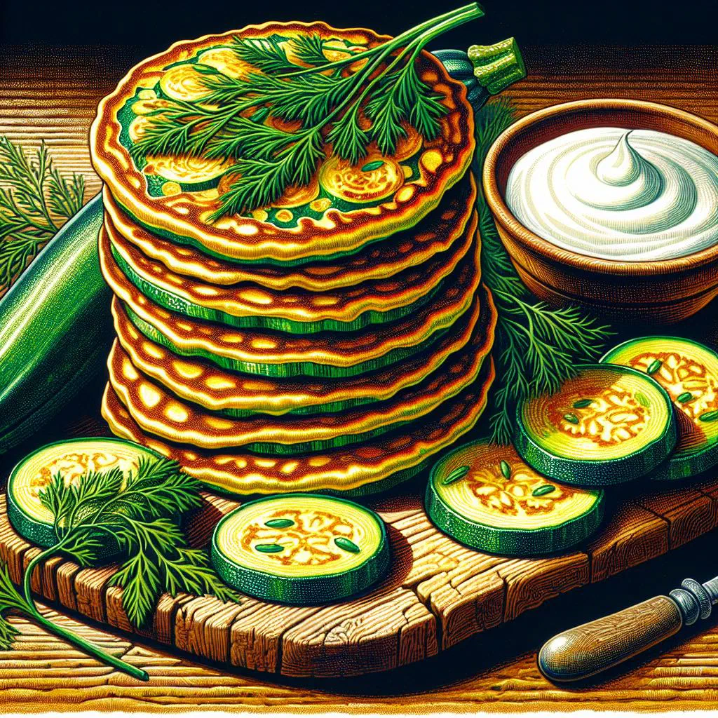 Golden, crisp Polish courgette fritters stacked on a plate with a dollop of sour cream