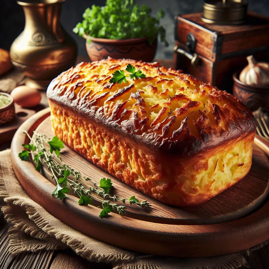 Golden baked potato babka with a crisp top, sliced on a rustic board