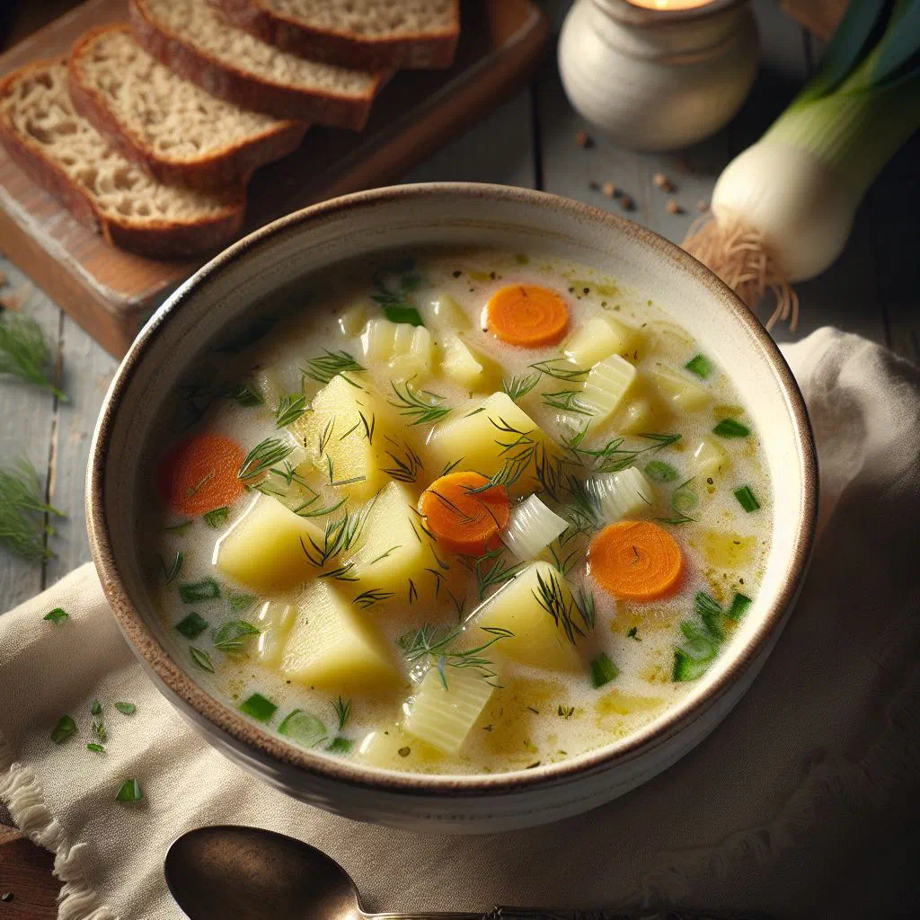A bowl of creamy Polish potato soup garnished with fresh herbs