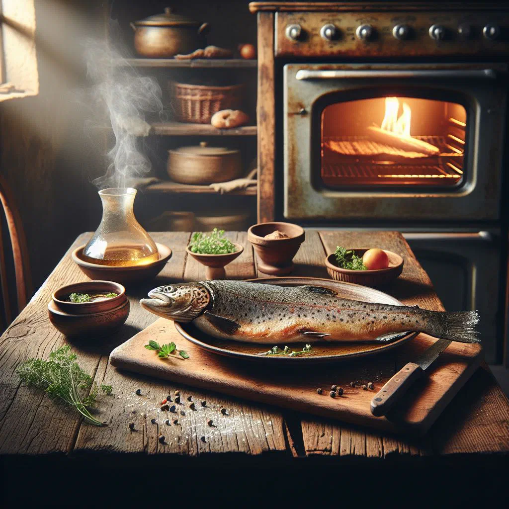 Whole baked trout stuffed with lemon slices and fresh herbs on a rustic board