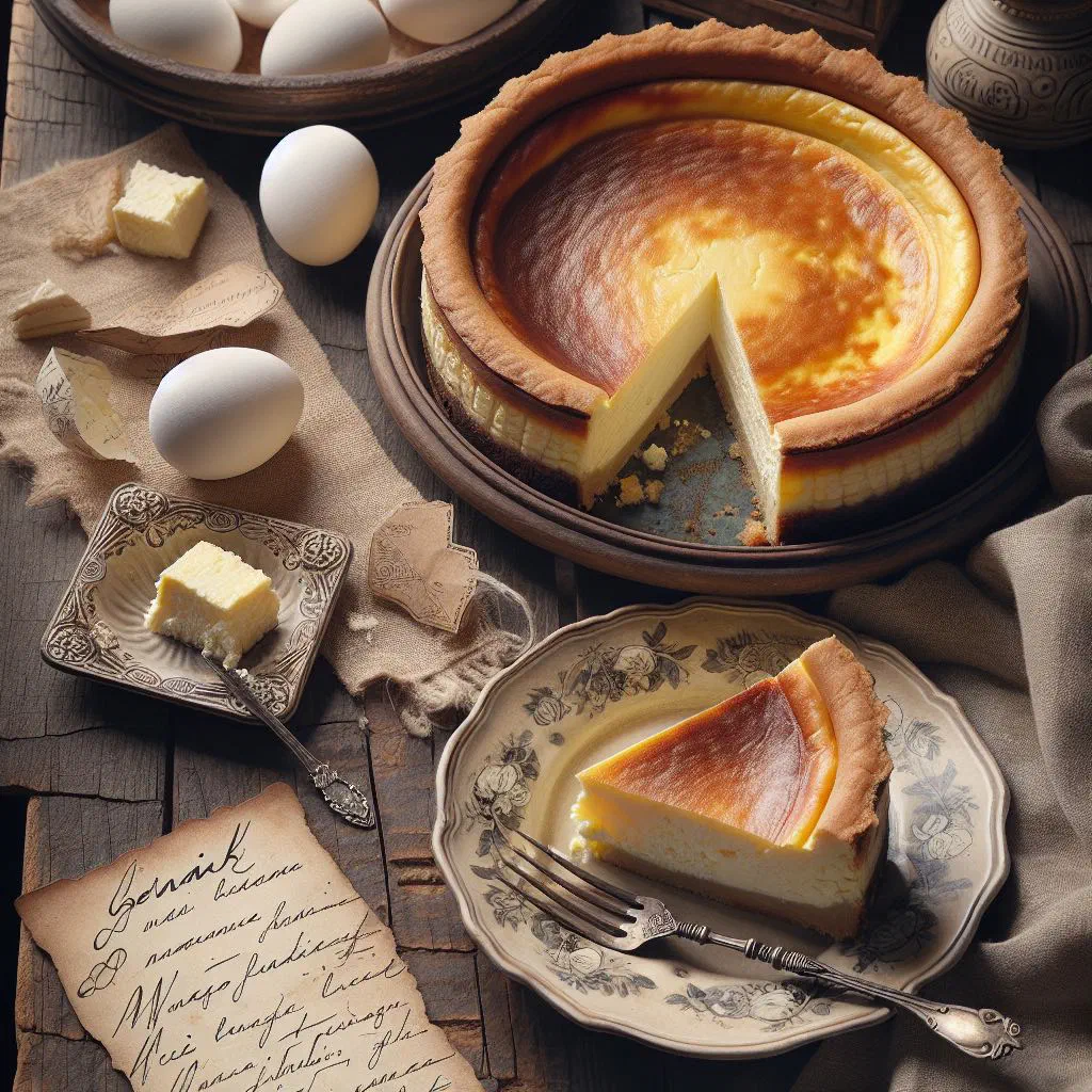 A slice of Polish sernik cheesecake with a golden biscuit base