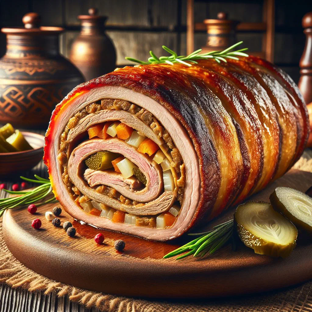 Sliced Silesian beef roulade in gravy with red cabbage and potato dumplings