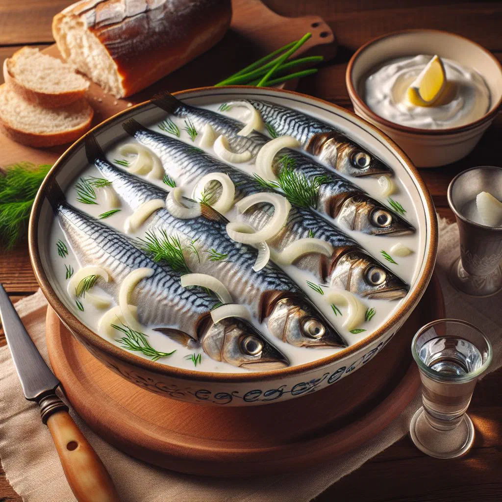 Herring fillets in creamy sour cream sauce with onions and fresh dill