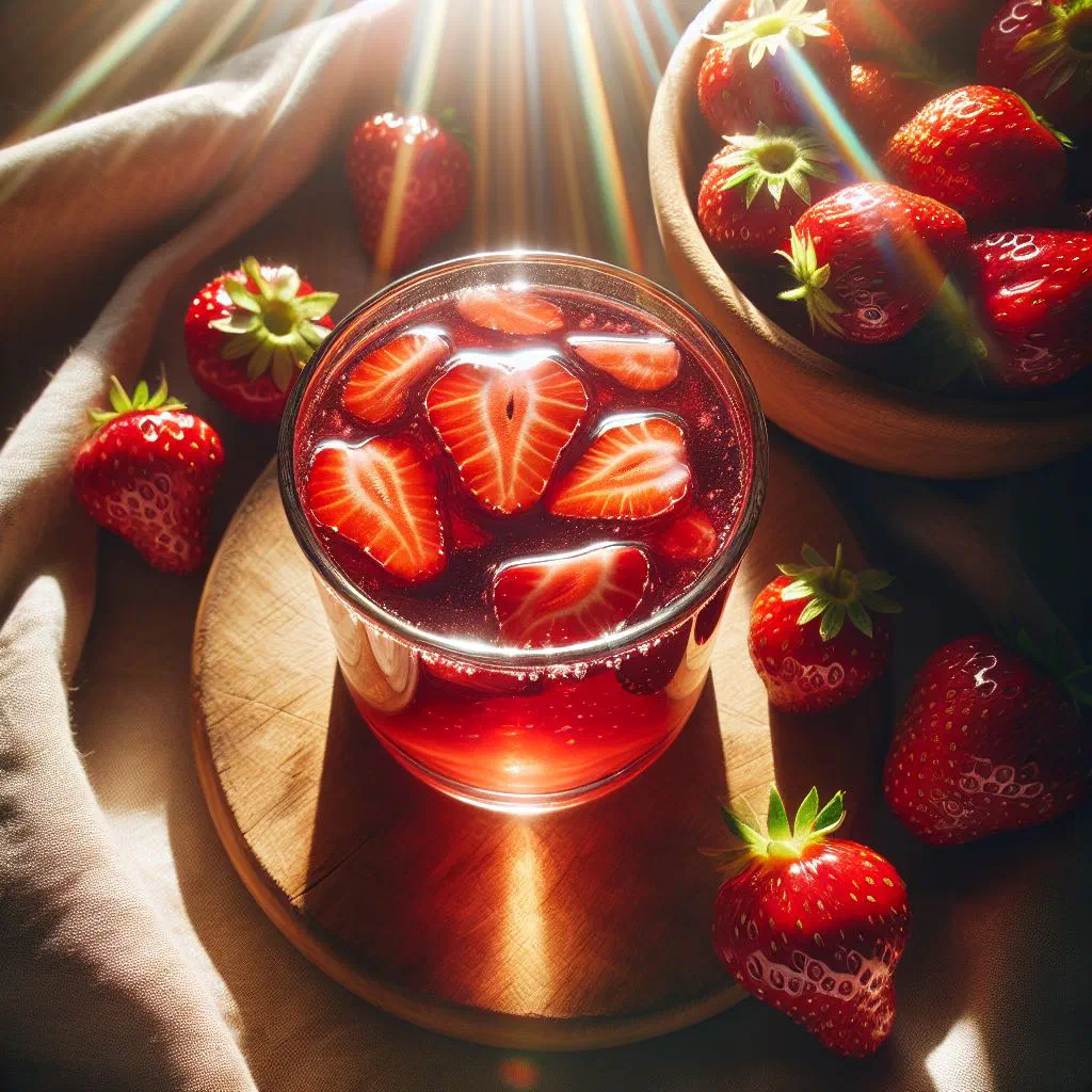 A glass of ruby-red strawberry kompot garnished with fresh mint