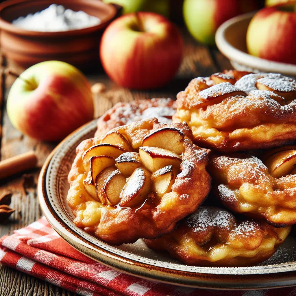 Golden Polish apple pancakes dusted with icing sugar