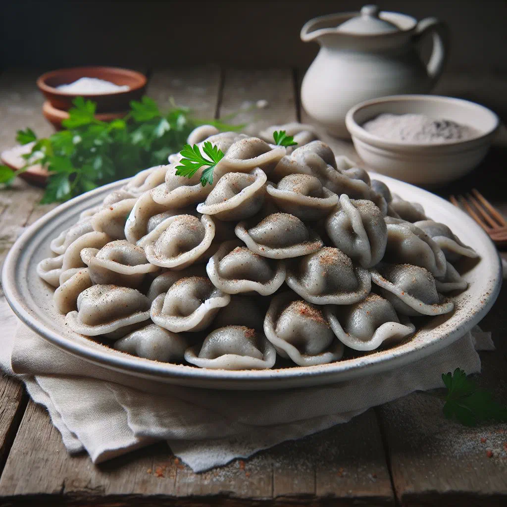 Grey Polish potato dumplings glistening with butter on a plate