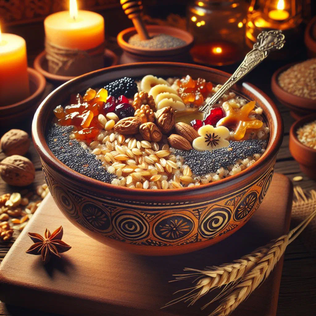 Bowl of Wigilijna Kutia with wheat, poppy seeds, nuts and dried fruit