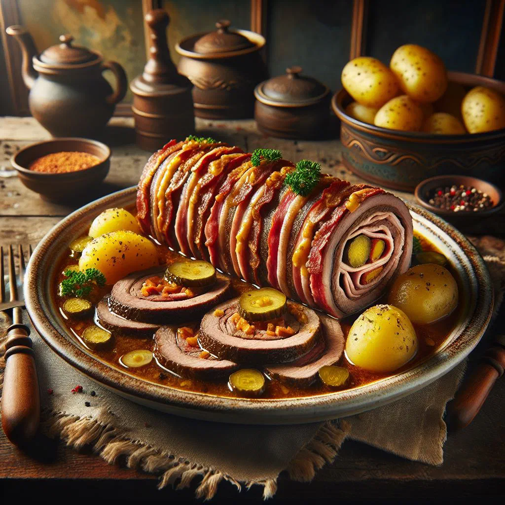 Polish zrazy zawijane beef roulades in rich gravy with potatoes