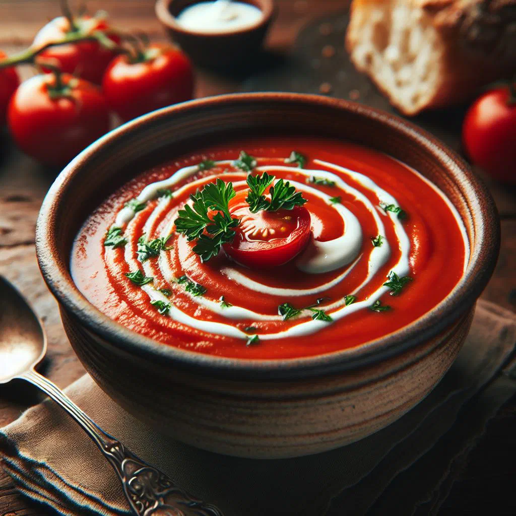 Bowl of creamy Polish tomato soup garnished with fresh parsley