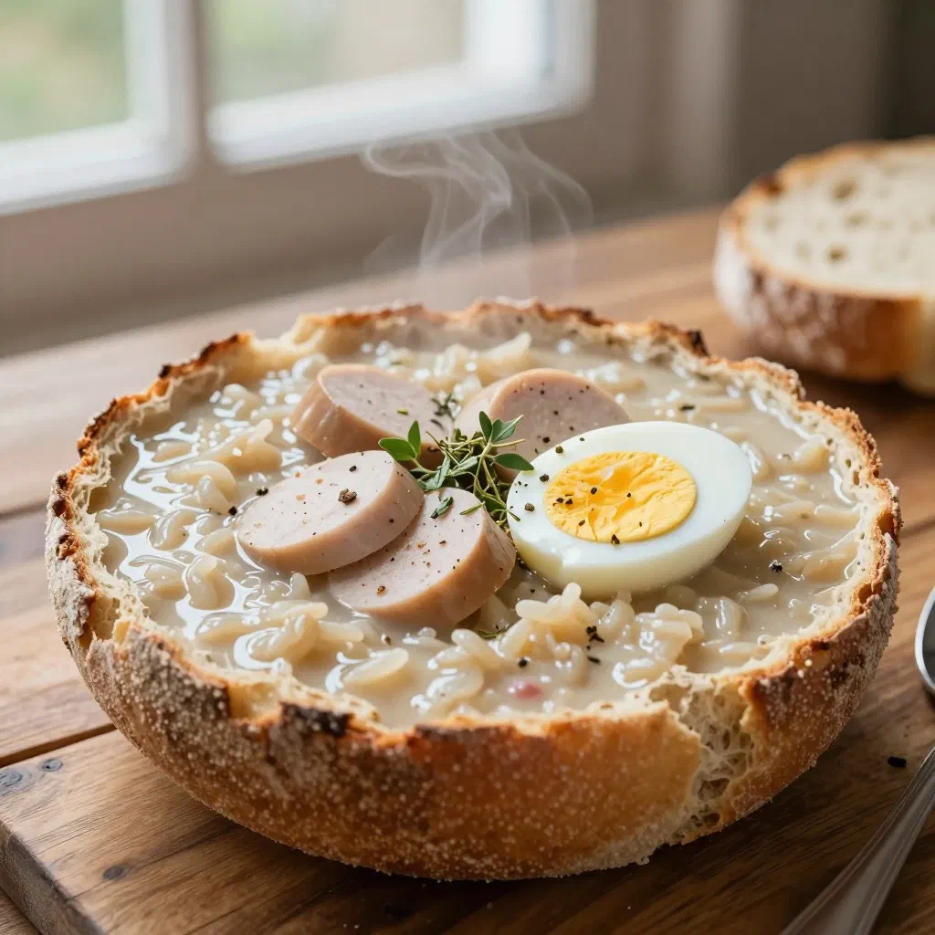 A rustic bowl of Żurek sour rye soup with sausage, topped with soured cream and dill