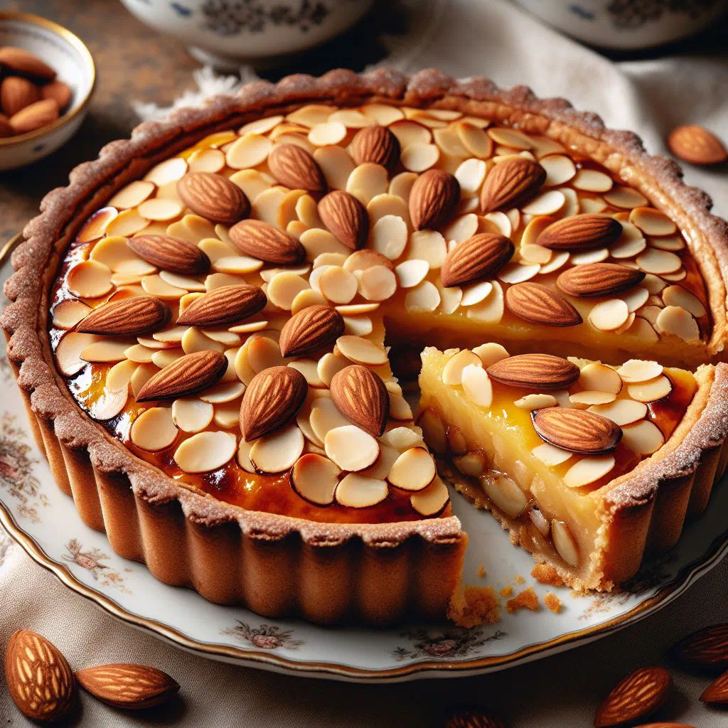 Portuguese almond tart with a golden shortcrust base dusted with icing sugar
