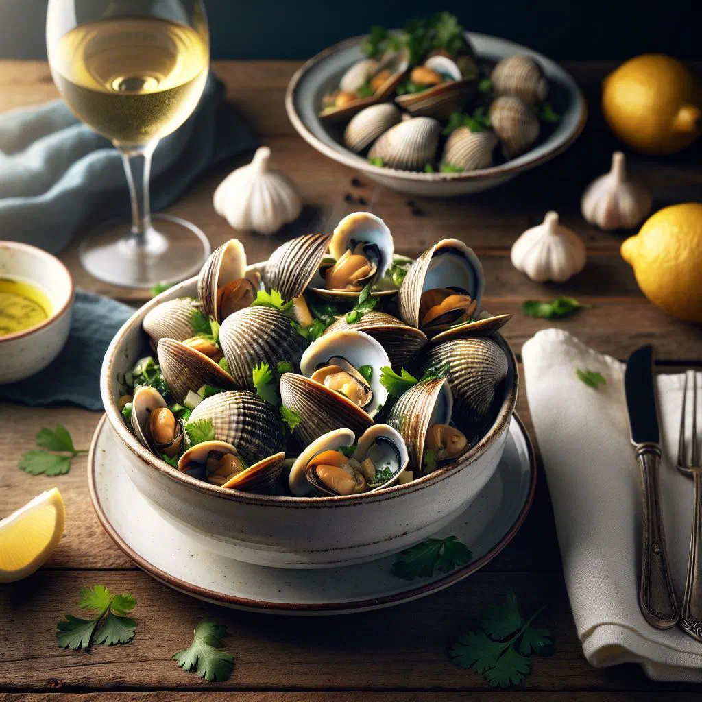 Clams cooked in garlic, coriander and olive oil served in a shallow bowl