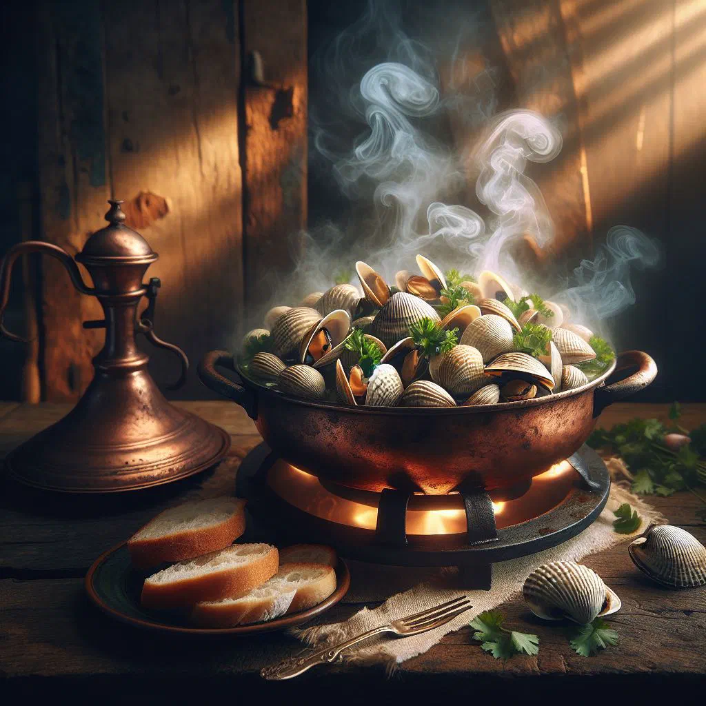 Clams steamed in a copper cataplana with tomato, onion and parsley