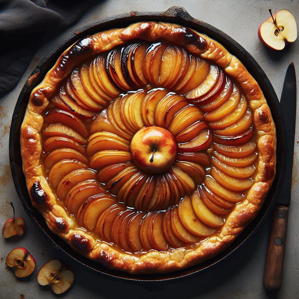 Upside-down apple tarte tatin with glossy caramelised apples on golden pastry