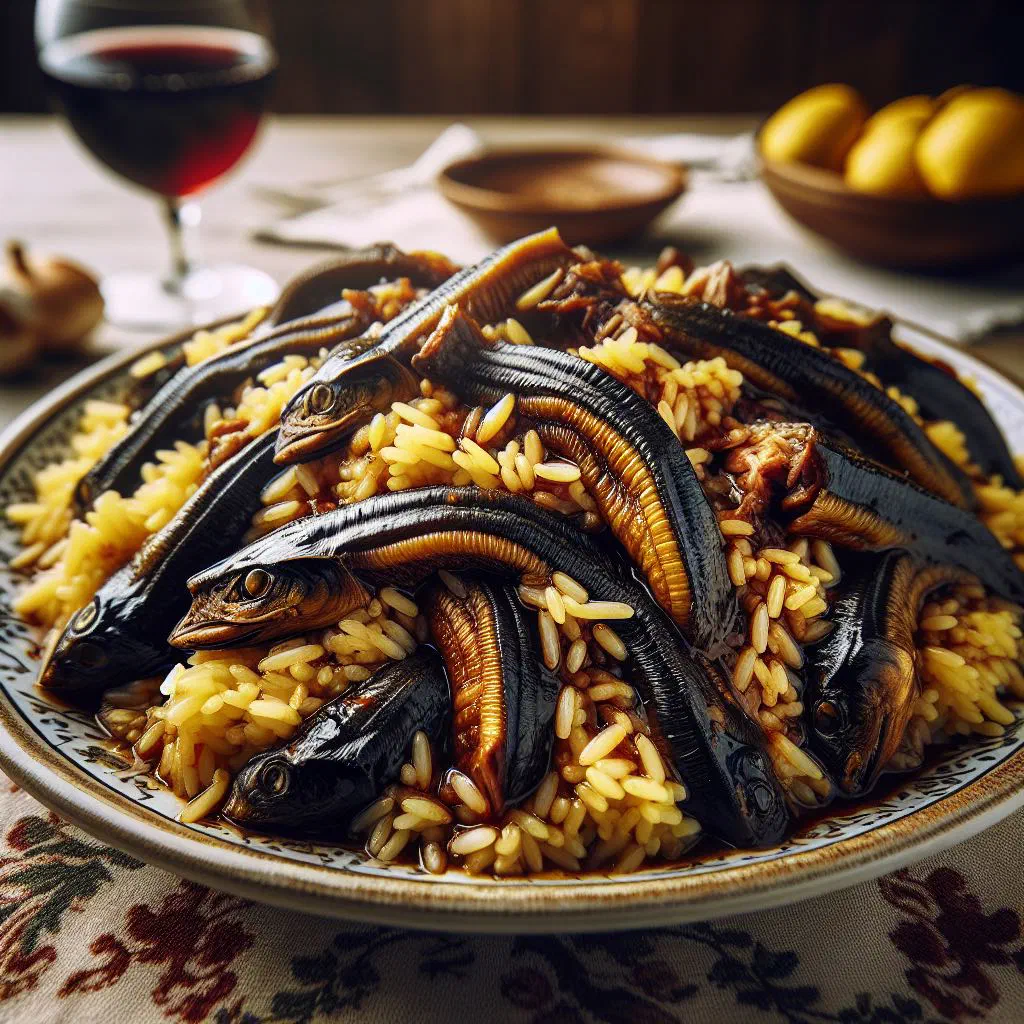 Arroz de Lampreia served as lamprey with spiced rice in a deep bowl
