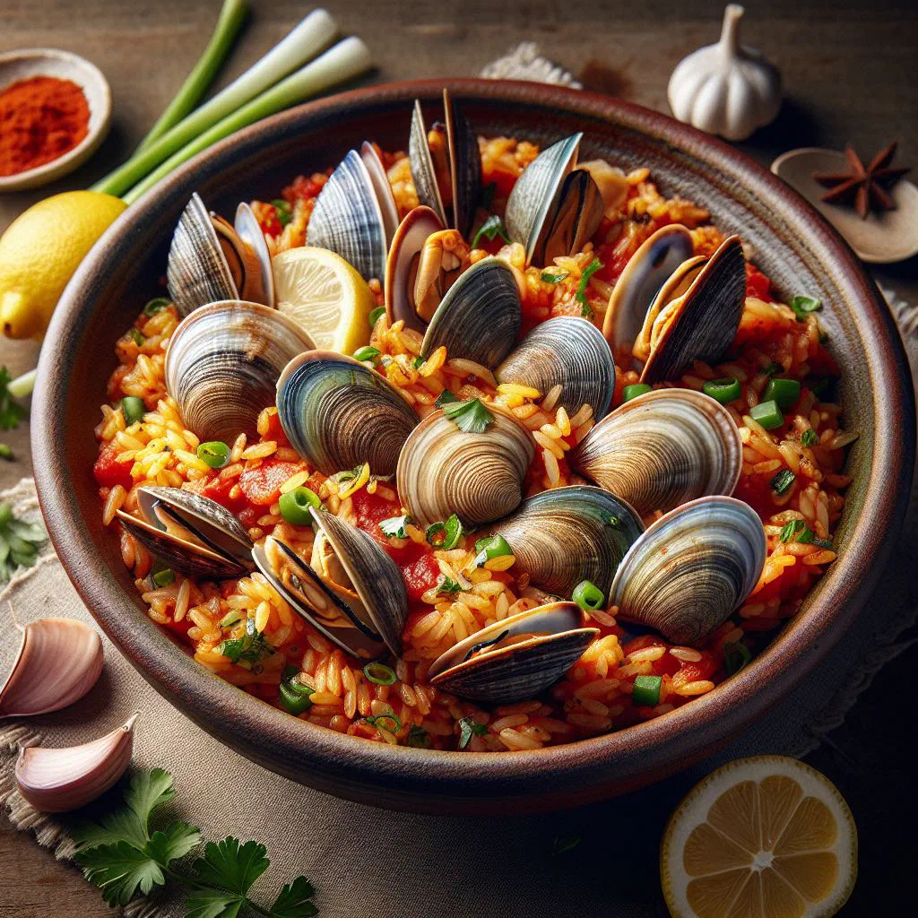 Arroz de Lingueirão, a soupy Portuguese rice dish with razor clams and parsley
