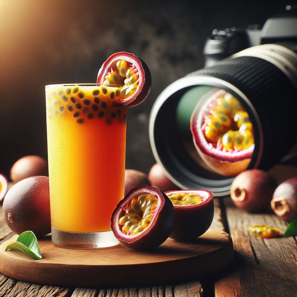 A glass of fresh Azorean passion fruit juice with ice and a lime slice