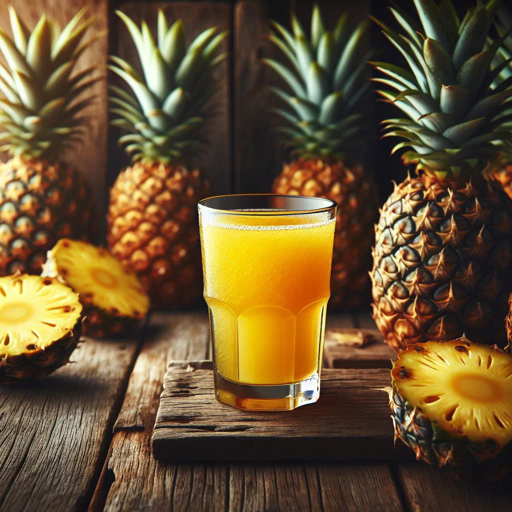 A tall glass of golden Azorean pineapple juice garnished with fresh mint