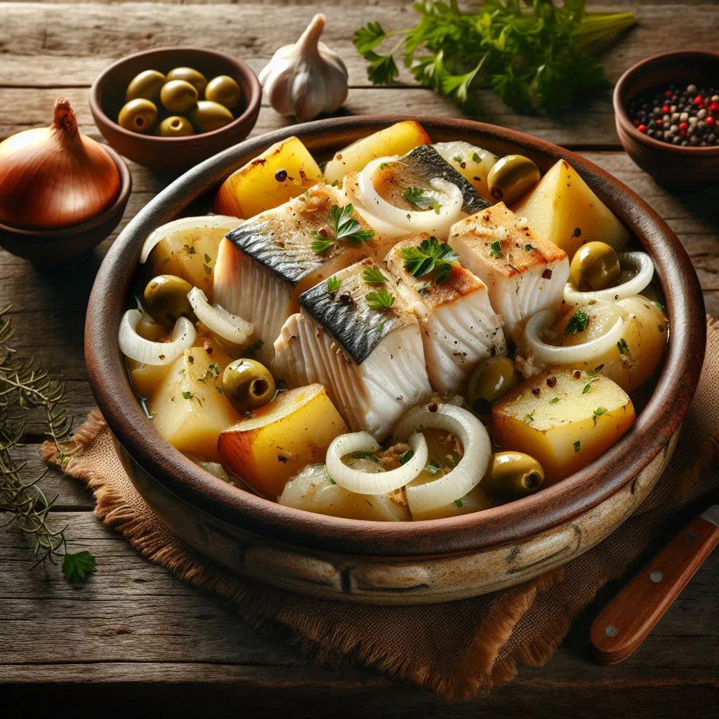Bacalhau à Gomes de Sá casserole with salt cod, potatoes, onions, sliced egg and olives