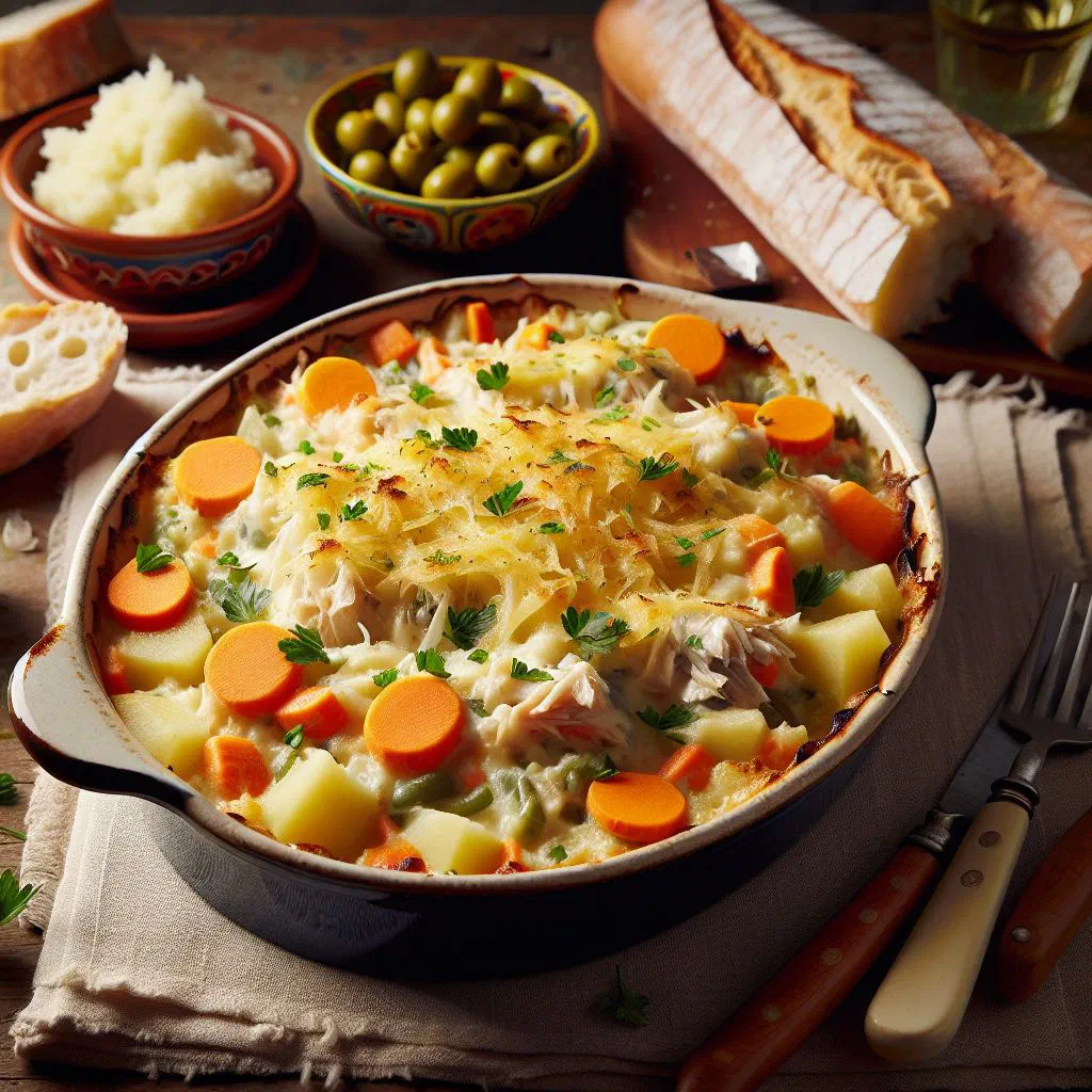 Golden-baked Bacalhau Espiritual casserole topped with breadcrumbs